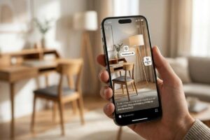 Social Shopping e Realtà Aumentata 2026: visualizzazione lampada scandinava AR in salotto su smartphone.