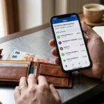 Smartphone con estratto conto digitale italiano aperto e portafoglio in pelle con Euro: analisi spese e verifica dei risparmi automatici e dei bonus governativi.