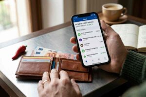 Smartphone con estratto conto digitale italiano aperto e portafoglio in pelle con Euro: analisi spese e verifica dei risparmi automatici e dei bonus governativi.