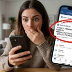 Dettaglio dello smartphone che mostra una notifica bancaria di un addebito per rinnovo automatico cerchiato in rosso, con una donna sullo sfondo visibilmente scioccata per la perdita di denaro sul conto corrente.