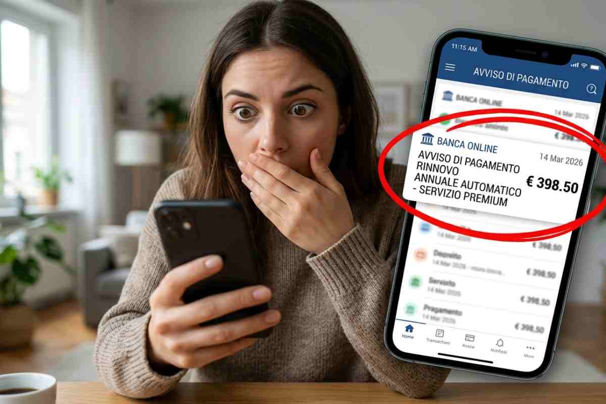 Dettaglio dello smartphone che mostra una notifica bancaria di un addebito per rinnovo automatico cerchiato in rosso, con una donna sullo sfondo visibilmente scioccata per la perdita di denaro sul conto corrente.