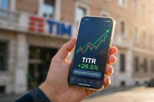 Smartphone con grafico azionario TITR in forte rialzo davanti alla sede TIM, simbolo della conversione azioni Telecom Risparmio 2026.
