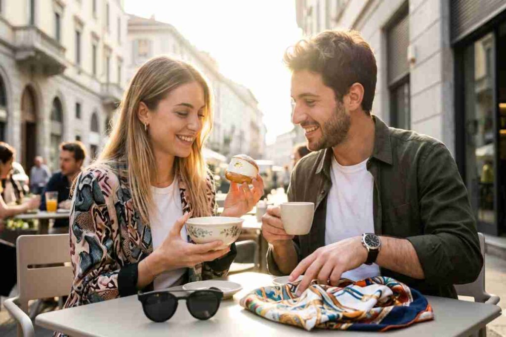 Giovane coppia felice che sorride e si gode un maritozzo con panna e caffè su un tavolo di legno illuminato dal sole in un bar italiano. Esempio dei consumi della Mood Economy nel 2026.