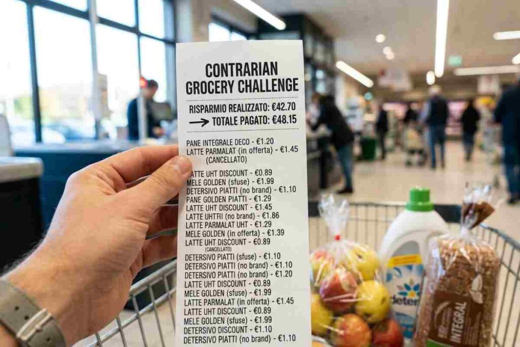 Primo piano di una mano che regge uno scontrino del supermercato con la scritta 'Contrarian Grocery Challenge' e 'Risparmio realizzato: €42.70'. Lo scontrino mostra voci con prezzi barrati e alternative più economiche. Sullo sfondo si intravede un carrello della spesa e la corsia di un supermercato.