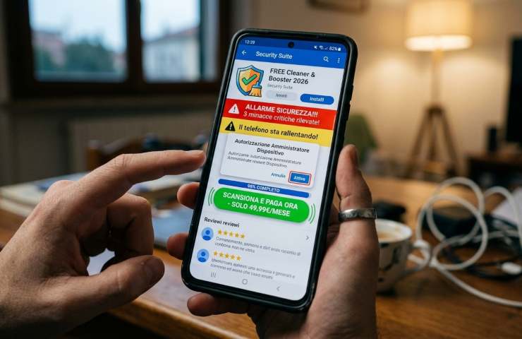Primo piano di uno smartphone con una finta app antimalware ingannevole che mostra avvisi di sicurezza falsi e richieste di pagamento aggressive.