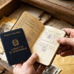 Mani che ritrovano un vecchio libretto di risparmio postale cartaceo in un cassetto polveroso tra vecchi documenti.