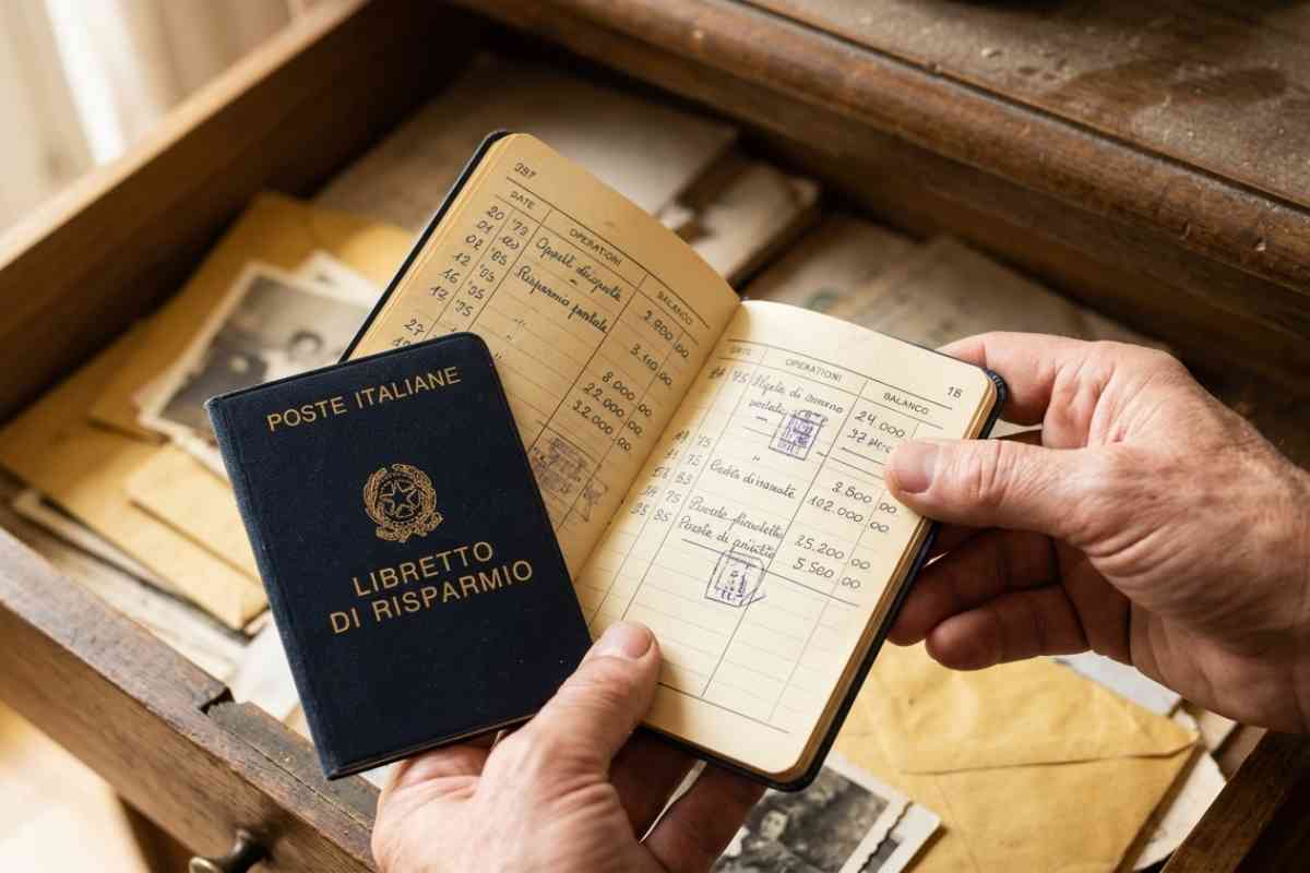 Mani che ritrovano un vecchio libretto di risparmio postale cartaceo in un cassetto polveroso tra vecchi documenti.