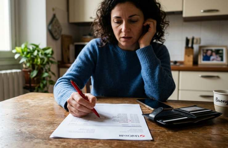 Donna che controlla dei documenti bancari mentre è al telefono in un ambiente domestico.